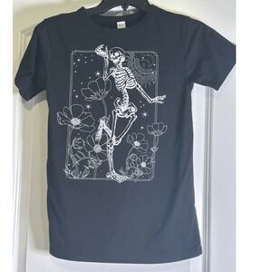 Black Skeleton Graphic Print T-Shirt Witchy Goth Tee Size Womens Small Halloween